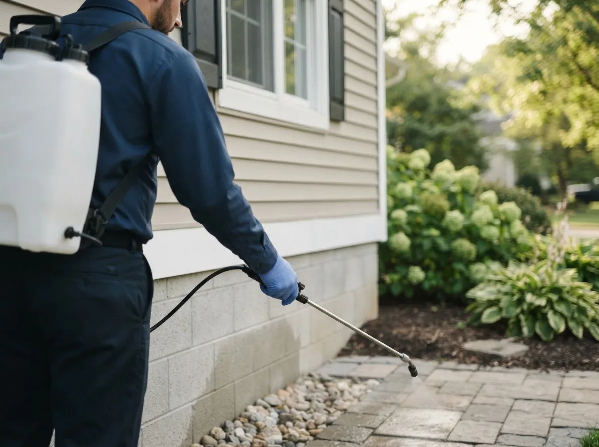 Pest control technician inspecting a home in Portageville, NY
